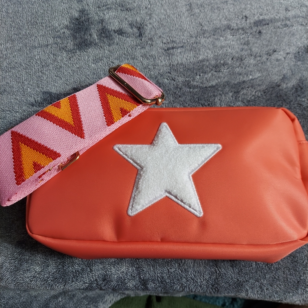 BLOC Pastel Pink Crossbody Bag with STAR Appliqué & Adjustable Stra…